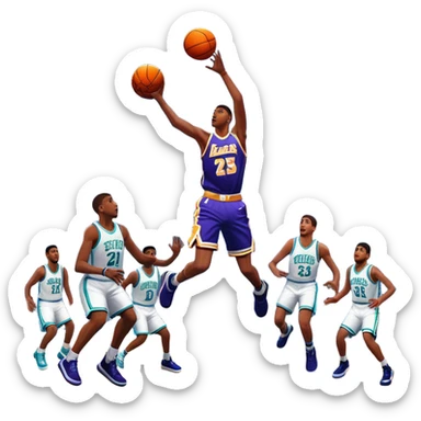 An icon featuring a basketball court with players in action, inspired by NBA 2K25. A player jumps for a dunk, with the ball mid-air. Bright lights illuminate the court, symbolizing the excitement of sports simulation games. Transparent background emphasizes the energy. sticker