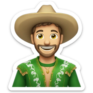 young man with short beard, laughing, green eyes, wearing  charro hat mexican sticker