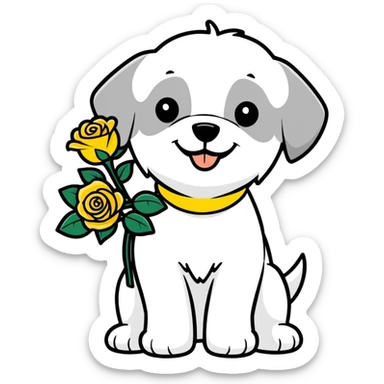 A watercolor drawing of a happy maltese dog carrying a bunch of yellow roses. sticker