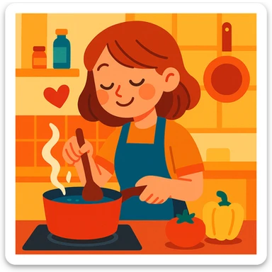 a girl cooking with a loving expression, daily routine, warm and happy atmosphere sticker