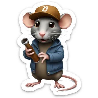 Rat wearing a brown cap holding a glass pipe sticker