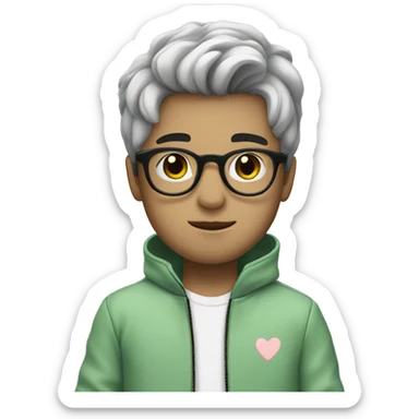 a boy with a pastel green jacket, with white glasses, with black hair, making a heart with his hand  sticker