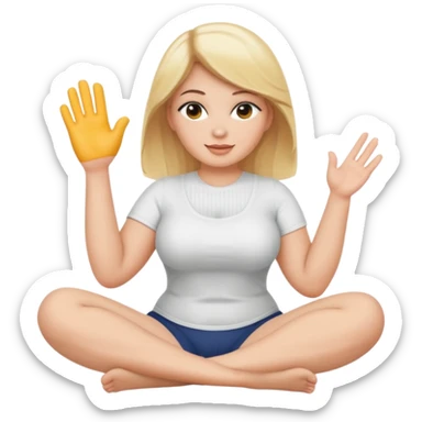 curvy blonde woman, front view, sitting on her soles, waving, SFW sticker