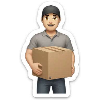 Pale skinned fit Man with black hair in a gray cap and brown polo T-shirt keeping a pasted box into his hands sticker
