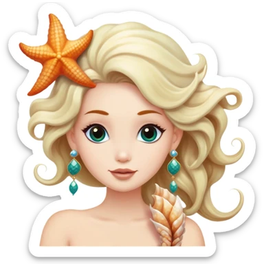mermaid with seashells in hair, starfish earrings sticker
