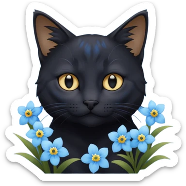 Un chat noir qui jou avec myosotis bleu sticker