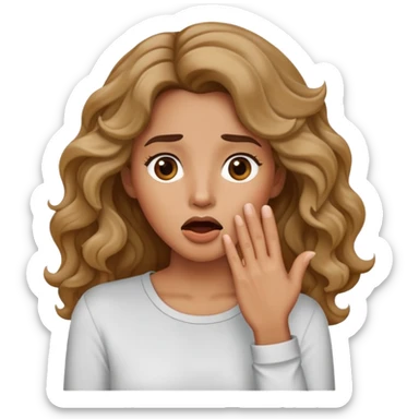 Imagine a woman wearing a long-sleeved shirt with wavy hair and a slightly surprised expression with her hand over her mouth in the iOS emoji style. sticker