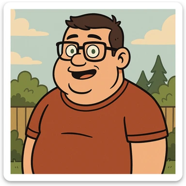 cartoon male, stocky, short dark brown hair, glasses, greeny blue eyes, simple background sticker