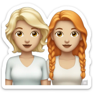 two white women holding hands, one with brown eyes and medium length orange hair, one with blue eyes and short teal hair sticker