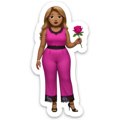 A plus-size Black woman with long, straight, light brown hair is wearing a fuchsia sleeveless shirt and black lace pants. She is standing with fuchsia-painted nails and is holding a rose. sticker