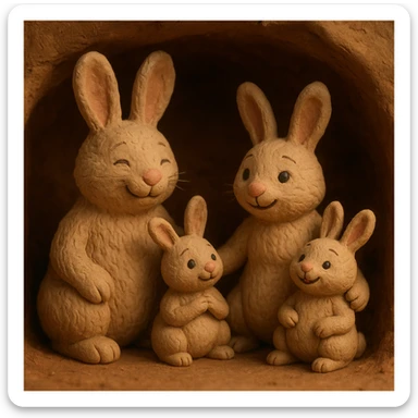 rabbit family in a burrow, cozy and cheerful, detailed fur, claymation style sticker