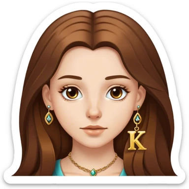 white girl with long brown hair very pretty with gold nose ring and a necklace with the initial K sticker