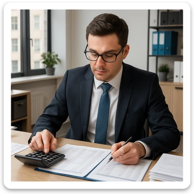 a working accountant, professional, at a desk, with calculator and paperwork, business attire, detailed office environment sticker