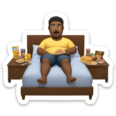 Fat guy in bed eating food sticker