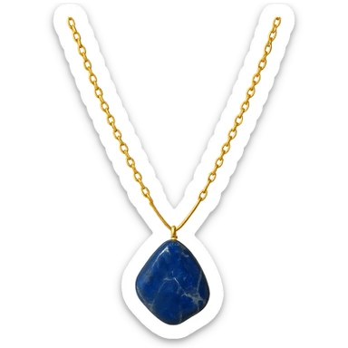 delicate gold chain necklace with an irregular polished deep blue stone, natural white and gray marbled patterns, asymmetrical shape, small metallic bead, raw yet refined earthy elegance sticker