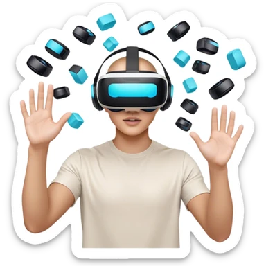 humanless emoji for the creation of VR/AR technology. Show a designer's hands holding a VR headset or AR glasses, with floating 3D models or virtual objects being manipulated in the air. Use modern, tech-inspired colors. Do not include any emojis or smiley faces. Make the background transparent. sticker