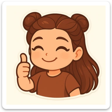 Create a chibi sticker of the girl with double bun hairstyle, smiling and showing a thumbs up, looking pleased and proud. sticker