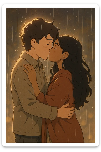 Joel and Madhu in a loving embrace, kissing softly in the rain, magical atmosphere with gentle rain and soft lighting, Ghibli style capturing warmth and romance. sticker
