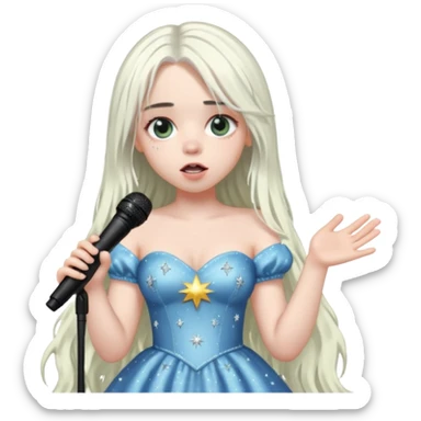 billie eilish is singing, holding mirco and twinkle dresss, white long hair sticker