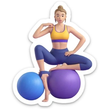 Yellow-skinned girl with high ponytail wearing blue sports bra and navy yoga pants doing yoga with a large exercise ball sticker