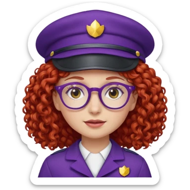 scout girl with red curly hair and uniform and hat and glassess and purle uniform sticker