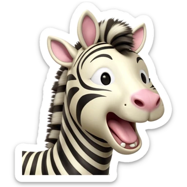Cinematic Cute Yawning Zebra Portrait Emoji, Head tilted slightly with a dramatic, wide-open yawn, showcasing a soft, downy striped Fur with gently drooping ears and round eyes barely open in drowsy contentment, Simplified yet irresistibly adorable features, highly detailed, glowing with a soft, cozy glow, high shine, relaxed yet expressive, stylized with a touch of savannah charm, bright and endearing, soft glowing outline, capturing the essence of a sleepy yet affectionate zebra, so drowsy it feels like it could stretch out of the screen and curl up for a nap! sticker