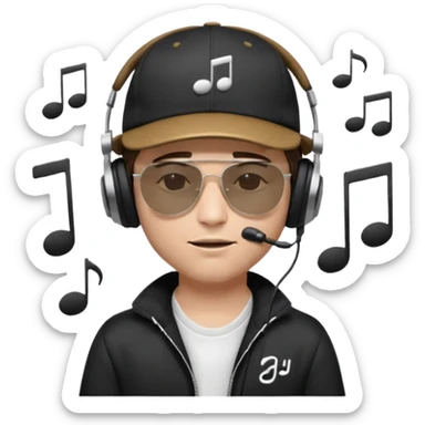 emojis.com dj-man-white-with-baseball-cap---rayban-sun-glasses-80s---brown-hair---closed-eyes-with-headphones-on-with-musical-note-over-head-(listening-to-music-)---eyes-closed-no-glasses---black-hat--musical-notes sticker