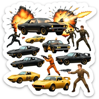 Photorealistic Icon for Action Movies: Dynamic close-up collage of iconic action movie scenes featuring explosions, fast cars, combat, and weapons. Include silhouettes of famous action heroes, dramatic lighting, and a sense of high-octane energy. Transparent background. sticker
