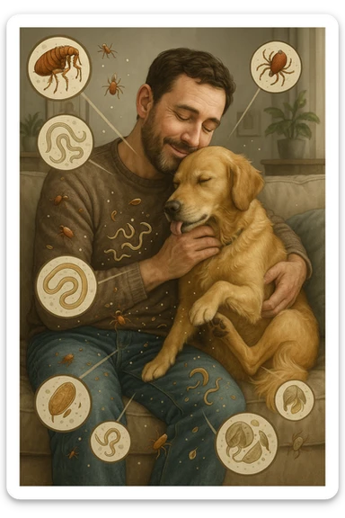 "Man cuddling with his beloved dog on couch, unaware that fleas, ticks, and worms are jumping from pet's fur onto his clothing, microscopic visualization showing roundworms, hookworms, and giardia transferring between species, expression of loving pet owner ignorant of health risks, living room becoming cross-contamination zone, pet's scratching and licking spreading parasites to human environment" in italiano sticker
