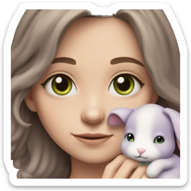 White skinned girl with green eyes and brown hair, cuddling her lilac-grey, floppy bunny teddy sticker
