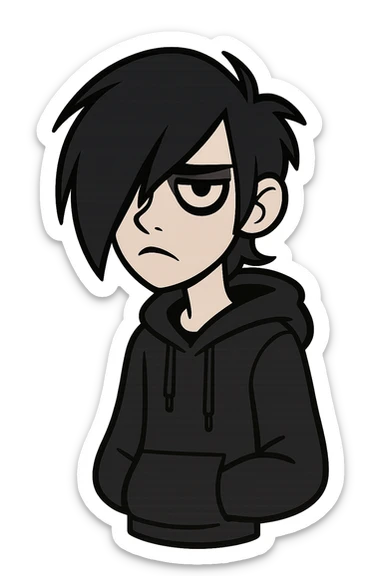 emo teen with dark hair covering one eye, cartoon style, dramatic eyeliner, black hoodie, pale complexion, no background sticker