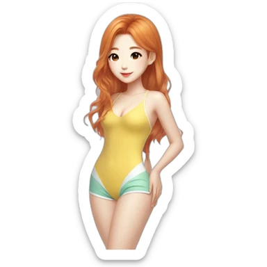 asian chinese girl, beach suit, kpop idol, full body, trendy hairstyle, ginger hair, pretty girl  sticker