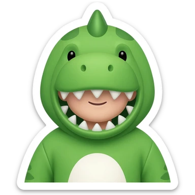 🦖 Costume
Le costume est vert vif avec un ventre blanc au centre.
Sur la tête, il a une capuche en forme de tête de dinosaure, avec de petites dents triangulaires autour du visage.
On voit aussi une petite crête ou pointe sur le dessus de la tête, pyjama
😀 Visage
Le visage est très cartoon sticker