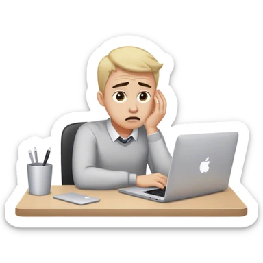 A stressed-out manager sitting at a desk with a MacBook, wide eyes, sweat on forehead, pulling their hair in frustration sticker