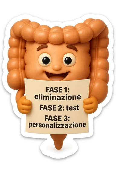 emoji stile iphone 3d di un intestino che tiene in mano un foglio con la scritta "FASE 1: eliminazione, FASE 2: test, FASE 3: personalizzazione, IPERREALISTICO 4K sticker