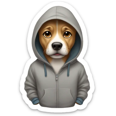 Dog wearing hoodie with hood on and paws in his hoodie pockets sticker