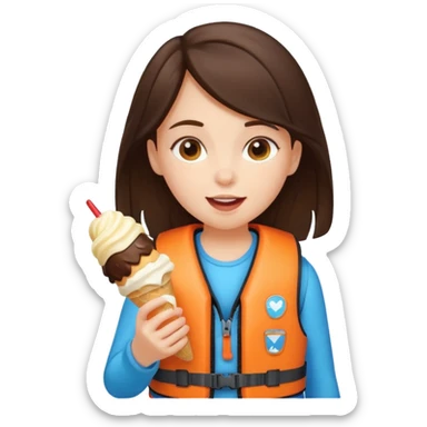 girl brunet kid wearing lifejacket, eating ice cream sticker