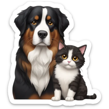 A Bernese dog next to A black and brown tortoiseshell cat with no white fur sticker