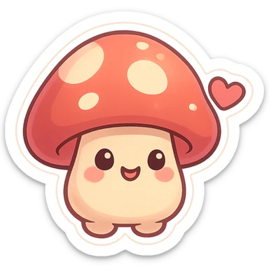 chibi sticker-style mushroom with a heart accent, cute and exaggerated sticker
