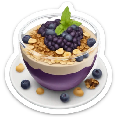 Açaí in a clear cup with layers of fruits and granola and condensed milk sticker