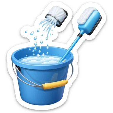 Bucket with soapy water, mop, and spray bottle grouped together with sparkles sticker