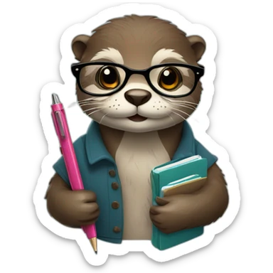 Otter with glasses holding multiple journals, planners and pens sticker