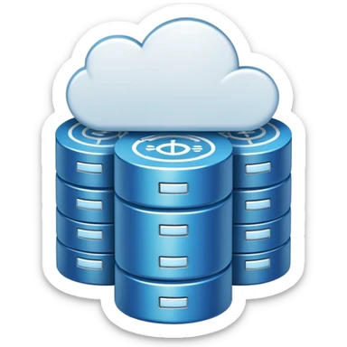 An icon featuring a database server, stacked data disks, and a cloud symbol, representing databases. The design includes binary code, a data structure diagram, and network connections, symbolizing data storage, management, and organization. Transparent background sticker