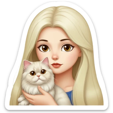 A pretty girl with long dark hair is kissing her light hair persian cat. sticker