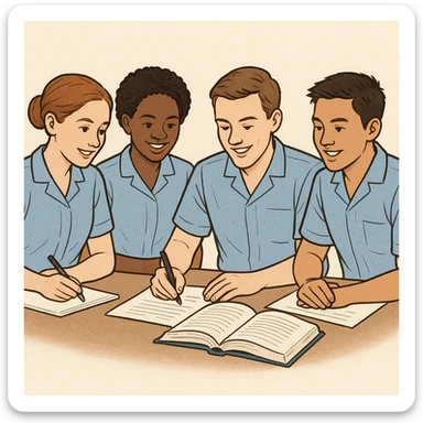 four nursing students working together, short-sleeve nurse uniforms, no stethoscope, clear and professional illustration style sticker