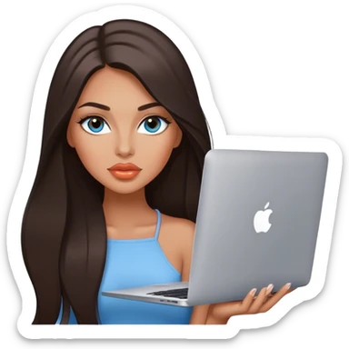 Glamours tanned very beautiful girl with pump peach lips and dark chocolate straight smooth long hair, blue-grey eyes with MacBook sticker