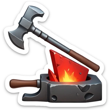 Blacksmithing icon, forged metal piece being shaped with hammer and anvil, glowing red-hot metal, blacksmith tools like tongs and chisel, sparks flying, minimalistic style, clean lines sticker