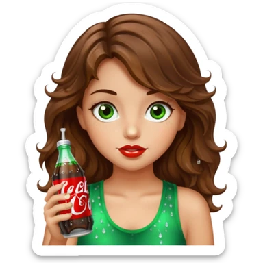 Girl with brown wavy hair green-brown eyes drinking a bedazzled Diet Coke  sticker