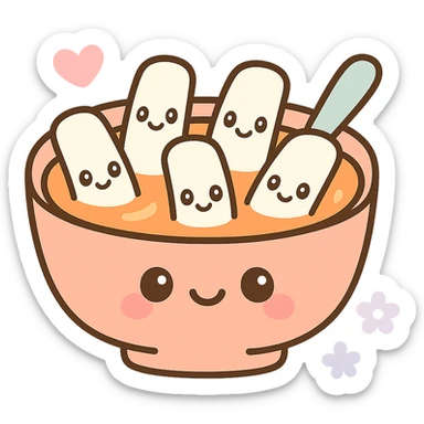 cartoon tteokbokki, smiling faces on rice cakes, playful, cute sticker