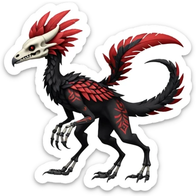 Rare realistic dark edgy evil tribal patterned red-feathered skeletal badass epic handsome gorgeous aesthetic black-skulled Vernid-Trico-Sergal-Silvally-Nargacuga-species-Fakemon-creature by LiLaiRa, 4 legs, 1 tail, random markings, (full body) sticker